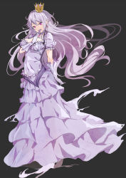Rule 34 | 1girl, black background, breasts, dress, earrings, frilled dress, frilled skirt, frills, full body, genderswap, genderswap (mtf), ghost, ghost tail, gloves, highres, jewelry, lavender dress, light purple hair, long hair, luigi&#039;s mansion, mario (series), medium breasts, new super mario bros. u deluxe, nintendo, open mouth, personification, princess king boo, puffy short sleeves, puffy sleeves, purple eyes, sharp teeth, short sleeves, simple background, skirt, solo, super crown, teeth, tongue, tongue out, very long hair, yukishiro arte