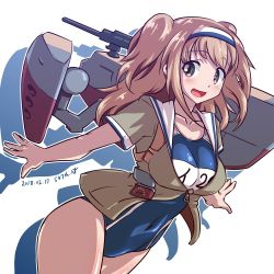 Rule 34 | 547th sy, :d, breasts, brown eyes, clothes writing, covered navel, dated, hairband, i-26 (kancolle), kantai collection, large breasts, light brown hair, long hair, looking at viewer, machinery, name tag, old school swimsuit, one-piece swimsuit, open clothes, open mouth, rigging, sailor collar, school swimsuit, short sleeves, simple background, smile, solo, swimsuit, swimsuit under clothes, twitter username, two-tone hairband, two side up