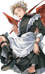 Rule 34 | 1boy, alternate costume, apron, bangs pinned back, blonde hair, body markings, boku no hero academia, clothes lift, costume, earrings, facial hair, feathered wings, feathers, goatee, half-closed eyes, hawks (boku no hero academia), jewelry, kadeart, legwear garter, maid, male focus, open mouth, red feathers, short hair, skirt, skirt lift, solo, stud earrings, toned, toned male, twitter username, wings, yellow eyes