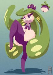 Rule 34 | bounsweet, chawalit adsawawalanon, creatures (company), crossed arms, eyelashes, game freak, gen 7 pokemon, gradient background, green eyes, green hair, half-closed eyes, highres, leg up, legs, long hair, nintendo, pokemon, pokemon (creature), pokemon sm, purple hair, shadow, standing, standing on one leg, tri tails, tsareena, very long hair