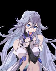 Rule 34 | bare shoulders, benares (honkai impact), black background, blue eyes, blush, character request, collarbone, finger cots, fingernails, frills, grey hair, hair between eyes, highres, honkai (series), honkai impact 3rd, huiqian, long hair, saliva, saliva trail, sexually suggestive, simple background, tongue, tongue out, v, v over mouth