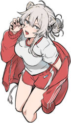 Rule 34 | adidas, animal ear fluff, animal ears, black nails, breasts, claw pose, cropped legs, ear piercing, fang, from above, grey eyes, grey hair, gym shorts, gym uniform, headband, highres, hololive, jacket, lion ears, lion girl, lion tail, medium breasts, nail polish, open mouth, piercing, red headband, red jacket, red shorts, shishiro botan, short shorts, shorts, solo, tail, track jacket, umeo (um eoji), virtual youtuber, white background
