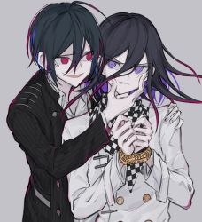Rule 34 | 2boys, ahoge, alternate eye color, black hair, black jacket, bound, bound wrists, buttons, caution tape, checkered clothes, checkered scarf, cheek squash, colored inner hair, commentary request, danganronpa (series), danganronpa v3: killing harmony, double-breasted, grey background, hair between eyes, hand on another&#039;s face, hand up, highres, iumi urura, jacket, keep out, long sleeves, looking at another, male focus, medium hair, multicolored hair, multiple boys, oma kokichi, open mouth, purple hair, saihara shuichi, scarf, short hair, simple background, smile, straitjacket, striped clothes, striped jacket, white jacket