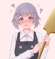 Rule 34 | 1girl, 88942731ne, ?, @ @, beige background, commentary request, dress, dress shirt, grey eyes, grey hair, kantai collection, looking at viewer, ooshio (kancolle), paddle, pinafore dress, pointing, shirt, short hair, short twintails, simple background, sleeveless dress, solo, twintails, upper body, white shirt