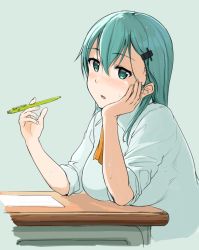 Rule 34 | 10s, 1girl, :o, blush, green background, green eyes, green hair, hair ornament, hairclip, hand on own cheek, hand on own face, kantai collection, long hair, looking at viewer, matching hair/eyes, pencil, shive, simple background, solo, suzuya (kancolle), table