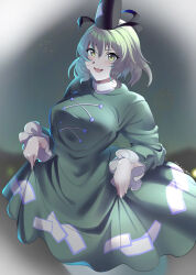 Rule 34 | 1girl, :d, absurdres, black background, black hat, breasts, commentary, dress, green dress, green eyes, green hair, hat, highres, large breasts, long sleeves, looking at viewer, ofuda, ofuda on clothes, open mouth, short hair, smile, soga no tojiko, solo, tate eboshi, touhou, yujin (kanouyuuto-0423)