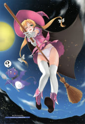 Rule 34 | 1girl, ;d, ?, artist name, blonde hair, blush, blush stickers, broom, broom riding, cape, demon, full moon, gloves, green eyes, hat, highres, holding, long hair, moon, night, night sky, non-web source, o o, one eye closed, open mouth, original, panties, scan, sky, smile, solo, sparkle, speech bubble, spork, tail, thighhighs, tokinobutt, underwear, white gloves, white panties, white thighhighs, wings, wink, witch hat
