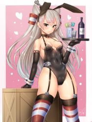 Rule 34 | 10s, 1girl, amatsukaze (kancolle), animal ears, black gloves, breasts, brown eyes, cameltoe, choker, closed mouth, covered erect nipples, covered navel, doyouwantto, elbow gloves, fake animal ears, garter straps, gloves, grey hair, hairband, halterneck, hat, heart, kantai collection, leotard, long hair, looking at viewer, mini hat, outside border, playboy bunny, rabbit ears, red thighhighs, small breasts, smile, solo, suspenders, thighhighs, thighs, tray, two side up, wrist cuffs
