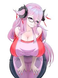 Rule 34 | 1girl, apron, azur lane, bare shoulders, black-framed eyewear, black horns, breasts, cleavage, closed mouth, collarbone, curled horns, denim, ecchitrail, friedrich carl (a game of love) (azur lane), friedrich carl (azur lane), highres, horns, huge breasts, jeans, long bangs, long hair, looking at viewer, mole, mole under mouth, official alternate costume, pants, pink apron, purple eyes, purple hair, red nails, red sweater, semi-rimless eyewear, simple background, solo, sweater, very long hair, white background