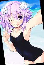 Rule 34 | 1girl, blush, breasts, covered navel, d-pad, d-pad hair ornament, hair ornament, iwashi dorobou -r-, looking at viewer, neptune (neptunia), neptune (series), one-piece swimsuit, one eye closed, purple eyes, purple hair, reaching, reaching towards viewer, school swimsuit, short hair, small breasts, smile, swimsuit, tongue, tongue out