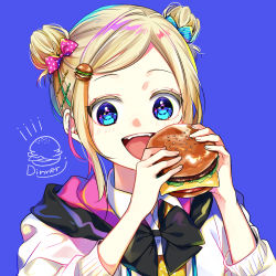 Rule 34 | 1girl, :d, bad id, bad pixiv id, beef, black bow, black bowtie, blue background, blue bow, blue eyes, blush, bow, bowtie, burger, burger hair ornament, cheese, collared shirt, english text, fingernails, food, food-themed hair ornament, green hair, hair bow, hair ornament, hairclip, highres, holding, holding food, hood, hood down, hooded jacket, jacket, kaname monika, lettuce, long sleeves, multicolored hair, open mouth, original, pink bow, pink hair, polka dot, polka dot bow, polka dot shirt, shirt, simple background, smile, solo, striped, striped bow, swept bangs, teeth, upper body, upper teeth only, white jacket, yellow shirt