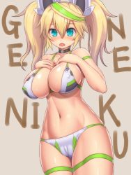 Rule 34 | 1girl, :o, aqua eyes, asamura hiori, bikini, blonde hair, blush, breasts, cameltoe, character name, choker, covered erect nipples, english text, fang, female focus, gen&eacute; (pso2), gene (pso2), headgear, highres, huge breasts, large breasts, looking at viewer, navel, open mouth, phantasy star, phantasy star online 2, solo, swimsuit, thigh strap, twintails, writing