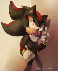 Rule 34 | 1boy, animal ears, artist name, beige background, black hair, clenched hand, closed mouth, furry, furry male, gloves, hand up, heart, male focus, multicolored hair, pointing, pointing up, red eyes, red hair, shadow the hedgehog, signature, simple background, solo, sonic (series), spacecolonie, standing, tumblr username, two-tone hair, white gloves