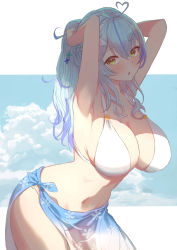 Rule 34 | 1girl, absurdres, ahoge, armpits, arms up, bare shoulders, bikini, blue hair, blush, breasts, cleavage, elf, flower, hair between eyes, hair flower, hair ornament, half updo, heart, heart ahoge, highres, hololive, large breasts, long hair, looking at viewer, navel, open mouth, pointy ears, roco (rocoroco1115), sarong, see-through, solo, stomach, swimsuit, thighs, virtual youtuber, white bikini, yellow eyes, yukihana lamy