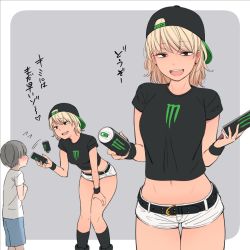 Rule 34 | 1boy, 1girl, afterimage, age difference, backwards hat, baseball cap, belt, blonde hair, border, breasts, can, child, cropped shirt, earrings, flying sweatdrops, grey background, hat, highres, jewelry, kemuri haku, kneehighs, leaning forward, long hair, looking at viewer, medium breasts, midriff, monster energy, navel, onee-shota, open mouth, original, outside border, shirt, short hair, short shorts, shorts, simple background, socks, stud earrings, t-shirt, teenage girl and younger boy, thigh gap, translated, white border, white shorts, wristband