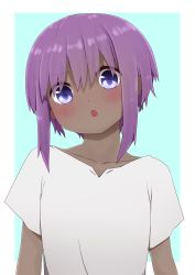 Rule 34 | 1girl, blue background, blush, collarbone, dark-skinned female, dark skin, fate/prototype, fate/prototype: fragments of blue and silver, fate (series), hair between eyes, hassan of serenity (fate), head tilt, highres, i.u.y, looking at viewer, parted lips, purple eyes, purple hair, shirt, short sleeves, sidelocks, solo, two-tone background, upper body, white background, white shirt