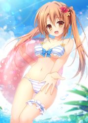 Rule 34 | 1girl, :d, bare arms, bare shoulders, bikini, blue sky, blush, breasts, brown eyes, brown flower, brown hair, cloud, cloudy sky, collarbone, commentary request, day, flower, frilled bikini, frills, hair between eyes, hair flower, hair ornament, halterneck, highres, innertube, looking at viewer, medium breasts, navel, open mouth, original, outdoors, outstretched arm, pimopi, polka dot, red flower, sky, smile, solo, standing, striped bikini, striped clothes, summer, swim ring, swimsuit, twintails