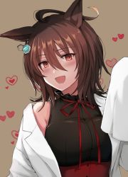 Rule 34 | 1girl, :d, agnes tachyon (umamusume), ahoge, alternate costume, animal ears, black shirt, blush, breasts, brown background, brown hair, coat, commentary request, corset, earrings, hair between eyes, heart, horse ears, horse girl, jewelry, lab coat, large breasts, nazuka (mikkamisaki), off shoulder, open mouth, red corset, red eyes, red ribbon, ribbon, shirt, short hair, single bare shoulder, single earring, sleeves past wrists, smile, solo, umamusume, white coat