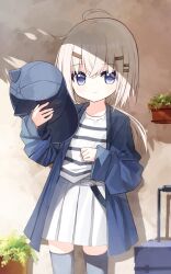 Rule 34 | 1girl, ahoge, baseball cap, blue eyes, blue hat, blue jacket, blue thighhighs, closed mouth, commentary request, hair between eyes, hair ornament, hairclip, hat, highres, holding, holding clothes, holding hat, jacket, long hair, long sleeves, looking at viewer, low ponytail, open clothes, open jacket, original, pleated skirt, ponytail, puffy long sleeves, puffy sleeves, red girl (yuuhagi (amaretto-no-natsu)), rolling suitcase, shirt, skirt, sleeves past wrists, smile, solo, standing, striped clothes, striped shirt, suitcase, thighhighs, unworn hat, unworn headwear, white hair, white skirt, yuuhagi (amaretto-no-natsu)