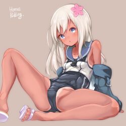 Rule 34 | 1girl, artist name, ass, blue eyes, blue one-piece swimsuit, blue sleeves, breasts, covered navel, dark-skinned female, dark skin, detached sleeves, feet, flower, hair flower, hair ornament, kantai collection, legs, long hair, old school swimsuit, one-piece swimsuit, puddinghomhom, ro-500 (kancolle), sandals, school swimsuit, shirt, sitting, sleeveless, sleeveless shirt, small breasts, solo, spread legs, swimsuit, swimsuit under clothes, tan, tanline, thighs, toes, white hair, white shirt
