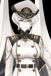 Rule 34 | 1girl, azur lane, belt, black cape, buttons, cape, closed mouth, commander (azur lane), dishwasher1910, double-breasted, epaulettes, female commander (azur lane), hat, high collar, highres, jacket, military, military hat, military uniform, mole, mole under eye, short hair, silver hair, smile, solo, uniform, upper body, white jacket, yellow eyes