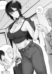 Rule 34 | 1boy, 1girl, absurdres, bag, camisole, crop top, denim, faceless, faceless male, greyscale, height difference, highres, holding hands, jacket, jacket on shoulders, jeans, kyoyakyo, midriff, monochrome, navel, original, pants, short hair, tall female