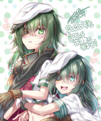 Rule 34 | 2girls, :d, aiguillette, armor, bad id, bad pixiv id, blush, bracelet, brown gloves, cape, commentary request, dated, dual persona, eyepatch, gloves, green eyes, green hair, green sailor collar, hair between eyes, hat, heart, hug, hug from behind, jewelry, kantai collection, kiso (kancolle), medium hair, midriff, military, military uniform, multiple girls, naval uniform, navel, neckerchief, open mouth, parted lips, pauldrons, polka dot, polka dot background, red neckerchief, sailor collar, sailor hat, school uniform, serafuku, short sleeves, shoulder armor, sidelocks, signature, smile, teeth, translation request, uniform, upper body, upper teeth only, white background, yuihira asu
