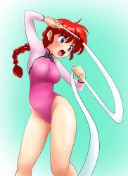 Rule 34 | 1girl, absurdres, athletic leotard, blue background, blue eyes, braid, braided ponytail, commentary request, feet out of frame, full body, genderswap, genderswap (mtf), gymnastics ribbon, highres, leotard, looking back, nanao futaba, open mouth, pink leotard, ranma-chan, ranma 1/2, red hair, saotome ranma, single braid, solo, standing