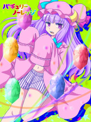 Rule 34 | 1girl, bow, character name, crescent, crescent hat ornament, crystal, hair bow, hat, hat ornament, knees together feet apart, kyabekko, long hair, long sleeves, looking at viewer, navel, patchouli knowledge, pink hat, purple eyes, purple hair, sharp teeth, shorts, striped clothes, striped shorts, teeth, touhou, vertical-striped clothes, vertical-striped shorts