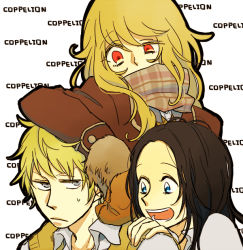 Rule 34 | 1boy, 2girls, arm on own head, black hair, blonde hair, blue eyes, coat, coppelion, copyright name, covering own mouth, frown, grey eyes, hand on shoulder, kurosawa haruto, long hair, mittens, multiple girls, open mouth, orange eyes, ozu kanon, ozu shion, scarf, scarf over mouth, siblings, sisters, sweater vest, yoguchi