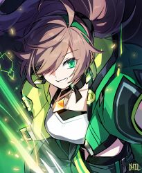 Rule 34 | 1girl, ahoge, artist name, breasts, brown hair, choker, collarbone, crop top, cropped jacket, elsword, glint, green eyes, green jacket, grin, hair over one eye, hairband, jacket, jewelry, large breasts, lithia beryl (elsword), long hair, medium breasts, mighty miner (elsword), ohil (ohil822), open clothes, open jacket, ponytail, smile, solo