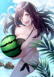 Rule 34 | 1girl, :d, ass, bikini, black bikini, blush, breasts, brown eyes, brown hair, butt crack, cleavage, day, floating hair, food, from above, fruit, halterneck, head tilt, highres, holding, holding food, idolmaster, idolmaster shiny colors, irohakaede, large breasts, long hair, looking at viewer, open mouth, outdoors, side-tie bikini bottom, skindentation, smile, solo, swimsuit, tsukioka kogane, watermelon, wet