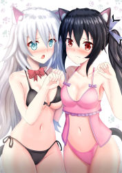 Rule 34 | 2girls, animal ear fluff, animal ears, babydoll, bare arms, bare shoulders, bikini, black bikini, black hair, black heart (neptunia), blue eyes, blue ribbon, blush, bow, bowtie, breasts, cat ears, cat girl, choujigen game neptune, cleavage, closed mouth, collarbone, commentary, commission, dual persona, english commentary, gradient background, grey background, grey hair, hair between eyes, hair ribbon, hands up, highres, kemonomimi mode, long hair, medium breasts, multiple girls, navel, neptune (series), noire (neptunia), nose blush, open mouth, panties, paw pose, paw print, paw print background, pink panties, prophosphere, red eyes, red neckwear, ribbon, side-tie bikini bottom, swimsuit, twintails, underwear, underwear only, very long hair, white background