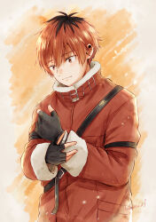 Rule 34 | 1boy, arm wrap, black gloves, black hair, bracelet, closed mouth, fingerless gloves, glint, gloves, hair between eyes, happy, highres, ikasaman, jacket, jewelry, light particles, long sleeves, looking at hand, male focus, multicolored hair, orange background, red eyes, red hair, red jacket, red theme, short hair, solo, sousou no frieren, stark (sousou no frieren), streaked hair, twitter username, upper body, winter clothes