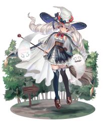 Rule 34 | 1girl, absurdres, arrow (symbol), bag, blush, bow, broom, cloak, curly hair, dress, drill hair, earrings, floating, floating hair, forest, full body, ghost, grey hair, hat, hat bow, hat ribbon, highres, holding, holding broom, horn ornament, horn ribbon, horned hat, horns, jewelry, loafers, long hair, looking at viewer, nature, nemari (user wtca7244), panilla the revival, path, red eyes, ribbon, road, satchel, shoes, sign, single wrist cuff, sleeveless, sleeveless dress, solo, teresa (panilla the revival), thighhighs, tree, twin drills, twintails, underbust, very long hair, witch, witch hat, wrist cuffs