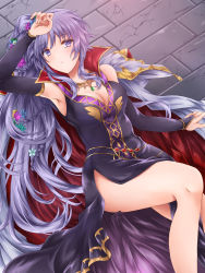 Rule 34 | 1girl, black dress, breasts, bridal gauntlets, cape, cleavage, crack, cracked floor, dress, female focus, fire emblem, fire emblem: genealogy of the holy war, fire emblem heroes, flower, flower on head, grey background, hand on own head, hand up, highres, ishtar (fire emblem), jewelry, kei (asufend), large breasts, legs, long hair, looking at viewer, lying, necklace, nintendo, official alternate costume, on back, on floor, ponytail, purple eyes, purple hair, solo, thighs, very long hair