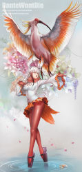 Rule 34 | 10s, 1girl, artist name, bird, black footwear, blunt bangs, breasts, closed eyes, crested ibis, dantewontdie, floral background, frilled sleeves, frills, from side, full body, gloves, grey background, head wings, highres, japanese crested ibis (kemono friends), kemono friends, long hair, long sleeves, mary janes, medium breasts, multicolored hair, open mouth, outstretched arm, pantyhose, petals, red gloves, red hair, red pantyhose, ripples, shirt, shoes, skirt, solo, standing, tail, two-tone hair, watermark, web address, white hair, white shirt, wings