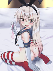 Rule 34 | 1girl, ass, bed sheet, black neckerchief, blonde hair, blue sailor collar, blush, condom, crop top, elbow gloves, gloves, grey eyes, hair between eyes, highres, holding, kantai collection, long hair, neckerchief, open mouth, sailor collar, school uniform, serafuku, shimakaze (kancolle), sitting, sleeveless, solo, striped clothes, striped thighhighs, thighhighs, tussy, used condom, wariza, white gloves