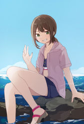 Rule 34 | 1girl, alternate costume, brown hair, fubuki (kancolle), green eyes, grey sweater, highres, hiroe (cosmos blue-02 421), kantai collection, looking at viewer, low ponytail, sandals, short ponytail, sidelocks, signature, sitting, smile, solo, sweater, swimsuit