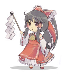 Rule 34 | 1girl, ascot, black hair, brown eyes, chibi, collared shirt, commentary request, detached sleeves, frilled hair tubes, frilled ribbon, frilled skirt, frills, gohei, hair ribbon, hair tubes, hakurei reimu, holding, holding gohei, long hair, lowres, nontraditional miko, open mouth, orb, ponytail, rasatbasa, red footwear, red ribbon, red skirt, red vest, ribbon, ribbon-trimmed sleeves, ribbon trim, shirt, simple background, skirt, sleeveless, sleeveless shirt, solo, touhou, vest, white background, white shirt, white sleeves, yellow ascot, yin yang, yin yang orb