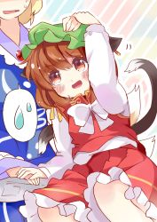 Rule 34 | 2girls, animal ears, arm up, blonde hair, blush, brown hair, cat ears, cat tail, chen, dress, earrings, fang, fox tail, hat, head out of frame, japa, jewelry, long sleeves, looking at another, looking up, mob cap, multiple girls, multiple tails, open mouth, ribbon, shirt, short hair, single earring, skirt, skirt set, smile, striped, striped background, sweatdrop, tabard, tail, touhou, vest, white dress, wide sleeves, yakumo ran