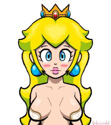 Rule 34 | 1girl, artist name, bbiirrddtwo, blonde hair, blue eyes, blush, breasts, breasts apart, closed mouth, collarbone, covered erect nipples, crown, earrings, eyelashes, highres, jewelry, large breasts, lips, long hair, looking at viewer, mario (series), nintendo, nude, pasties, pink lips, princess, princess peach, puckered lips, simple background, solo, sphere earrings, super mario bros. 1, thick lips, upper body, white background