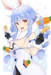 Rule 34 | 1girl, absurdres, animal ears, black gloves, blue hair, blush, bow, braid, breasts, carrot hair ornament, carrying, coat, coat dress, dress, food-themed hair ornament, fur-trimmed gloves, fur scarf, fur trim, gloves, hair bow, hair ornament, highres, holding, hololive, long hair, looking at viewer, medium breasts, multicolored hair, nipio, open mouth, rabbit ears, rabbit girl, scarf, simple background, solo, strapless, strapless coat, strapless dress, thick eyebrows, upper body, usada pekora, usada pekora (1st costume), virtual youtuber, white bow, white hair, white scarf