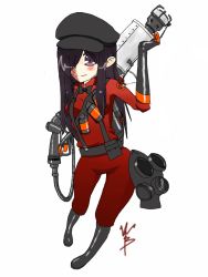 Rule 34 | 1girl, bad id, bad tumblr id, bow, bowtie, cosplay, explosive, flamethrower, full body, gas mask, hair over one eye, hat, ikezawa hanako, katawa shoujo, lolicage, mask, purple eyes, purple hair, pyro (tf2), red pyro (tf2), scar, simple background, smile, solo, team fortress 2, the pyro (cosplay), weapon