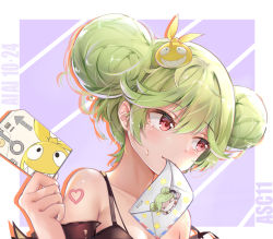 Rule 34 | 1girl, ai-chan (honkai impact), artist name, asc11, bare shoulders, blush, commentary request, dated, double bun, green hair, hair between eyes, hair bun, hair ornament, heart, heart tattoo, highres, homu (honkai impact), honkai (series), honkai impact 3rd, letter, looking away, looking to the side, mouth hold, red eyes, solo, tattoo, tearing up, upper body