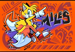 Rule 34 | 1boy, artist name, blue eyes, commentary, dated, english commentary, english text, fox boy, full body, furry, furry male, gloves, hebert fox, highres, looking at viewer, male focus, multiple tails, shoes, short hair, sneakers, solo, sonic (series), tail, tails (sonic), teeth, two tails, upper teeth only, white gloves, yellow fur