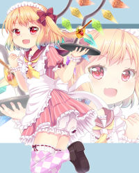 Rule 34 | 1girl, alternate costume, apron, argyle, argyle clothes, argyle legwear, arms up, ascot, black footwear, blonde hair, bloomers, blue background, commentary request, cropped legs, crystal, dress, enmaided, eyelashes, fang, fingernails, flandre scarlet, frilled apron, frilled skirt, frills, hair ribbon, highres, holding, holding tray, leg lift, loafers, looking at viewer, maid, maid headdress, open mouth, parfait, pink dress, puffy short sleeves, puffy sleeves, red eyes, red ribbon, ribbon, sailor collar, shoes, short hair, short sleeves, side ponytail, skirt, solo, standing, standing on one leg, striped clothes, striped dress, swept bangs, thighhighs, tomo takino, touhou, tray, underwear, white background, wings, wrist cuffs, yellow ascot, zoom layer
