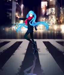 Rule 34 | 1girl, aqua eyes, aqua hair, barefoot, black pantyhose, boots, casual, city lights, cityscape, crosswalk, different reflection, floating hair, full body, glowing, glowing hair, hatsune miku, headphones, highres, ixima, pantyhose under shorts, long hair, looking at viewer, night, pantyhose, red scarf, reflection, scarf, shorts, solo, standing, standing on one leg, tiptoes, toumei kousaten (vocaloid), twintails, very long hair, vocaloid