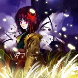 Rule 34 | 1girl, butterfly wings, female focus, flower, hieda no akyuu, insect wings, japanese clothes, kimono, perfect memento in strict sense, solo, tomasu, touhou, tsurukame, wings