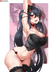 Rule 34 | 1girl, ahoge, arched back, armpits, arms up, azur lane, bare shoulders, black dress, black hair, black thighhighs, blush, breasts, choker, cleavage, collarbone, crossed bangs, dress, frilled choker, frilled thighhighs, frills, hair between eyes, hair ornament, heavy breathing, highres, huge breasts, large breasts, leaning forward, long hair, looking at viewer, navel, no pants, open mouth, panties, patreon logo, patreon username, red choker, red eyes, red panties, saliva, solo, striped clothes, striped panties, sweat, taihou (azur lane), taihou (muse) (azur lane), thighhighs, thighs, twintails, underwear, velminth, very long hair, zoom layer